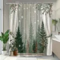 Weihnachtsduschvorhang mit festlichem Kiefernwald und weißem Schneeflockenmuster - Einzelner Duschvorhang 90x180cm / Verschneiter Kiefernwald (YL-002)