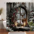 Weihnachts-Duschvorhang mit festlichem Rentier- und Winterschnee-Fensterszenen-Druck - Einzelner Duschvorhang 90x180cm / Weihnachtsrentier Fensteransicht (YL-003)