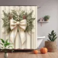 Eleganter cremefarbener Weihnachts-Duschvorhang mit großer Schleife und Zapfendesign - Einzelner Duschvorhang 90x180cm / Weihnachtsschleife und Kiefer (YL-004)