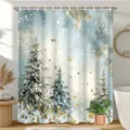 Weihnachts-Duschvorhang mit verschneiten Tannen und goldenen Sternen für das Badezimmer - Einzelner Duschvorhang 90x180cm / Verschneiter Kiefernwald (YL-005)