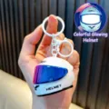 Llavero de casco de moto blanco con luz LED brillante y visera azul para decoración - Luminoso / Blanco