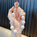 Elegant iridescent crystal beaded phone strap with clear bow tie charms for accessories - White