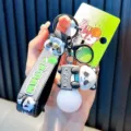 Adorable panda LED glowing light bulb keychain with a grey rubber wrist strap for bags - Panda Light Bulb / Black
