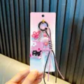 Encantador llavero de gato rosa de dibujos animados con flores y cuerda tejida para mujer - Gato travieso / Negro