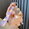Translucent pink acrylic elephant keychain with holographic strap and heart detail - Sweet Pink