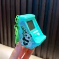 Mini mint green Tetris game console keychain with a cute cartoon panda illustration - Green