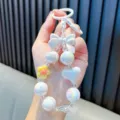 Iridescent beaded keychain with white bow and heart charm for bags and mobile phones - White (Without Gasket)