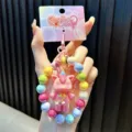 Handmade colorful acrylic beaded keychain with cute pink cartoon character charm for bags - Pink (With Gasket)