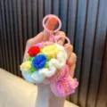 Handmade crochet colorful flower bouquet keychain for bag with pink plastic clasp - Pink Multicolor