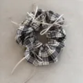 Close-up detail of retro dark plaid scrunchie featuring multiple beige ribbon bows - Beige Coffee Plaid Bow Scrunchie
