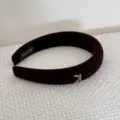 Detailed macro of dark velvet sponge headband with a small beige bow. - Coffee Bowknot Striped Headband