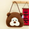 Adorable brown bear face plush handbag for children featuring soft faux fur materials - 35cm Handbag Style