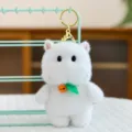 Cute white plush animal keychain with bell and leaf pendant, soft fluffy bag charm. - Hippo
