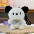 Cute panda plush keychain pendant with blue polka dot bow tie for backpack decoration. - Standing Puppy