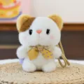 Adorable plush calico cat keychain with yellow polka-dot bow and bear button detail - Standing Cat