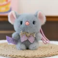 Adorable grey plush mouse keychain featuring a pink polka dot bow tie and strap - Standing Mouse