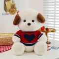 Cute white plush dog toy wearing a red knitted sweater with a blue heart - Red Heart Clothes / 30 cm