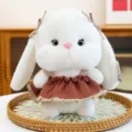 Niedlicher weißer Plüschhase im braunen Strickkleid für Kinder - Rotes Kleid / 18cm