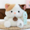 Adorable tricolor fluffy cat plush toy with decorative heart embroidery on its paw - Cat / 16cm
