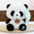 Adorable black and white fluffy panda plush toy with decorative wooden collar charm - Panda / 16cm