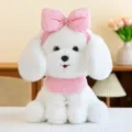 Adorable white teddy dog plush toy with a pink bow headband and elegant lace bib - Pink / 25cm