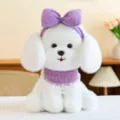 Adorable white plush teddy dog toy featuring a purple bow headband and elegant lace collar - Purple / 25cm