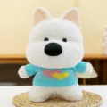 Cute West Highland White Terrier plush toy wearing a blue heart-pattern sweater - Sky Blue / 30cm