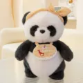 Cute panda plush toy wearing a yellow bow headband and a 'Happy' birthday bib - Panda / 35cm