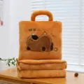 Cute ginger capybara plush pillow blanket with handle for office and home decor - Lying flat style
