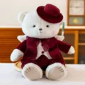 Adorable white angel teddy bear plush toy wearing a maroon velvet tuxedo suit and hat - Height 30cm / Male Bear in Red Clothes