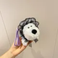 Cute mini white plush Westie dog keychain featuring a purple cord and black lace hat ornament - Black Lace Hat Style