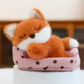Cute sleeping plush fox doll in a pink polka dot bed for office desk decoration - Fox / 16cm