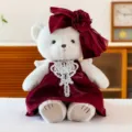 Cute white angel bear plush toy wearing an elegant burgundy satin dress with a large red bow - Height 30cm / Female Bear in Red Clothes