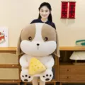 Large plush dog toy with cheese slice, soft huggable animal pillow for kids gift - 80cm / Brown