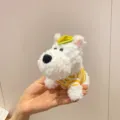 Adorable mini white Westie dog plush keychain wearing a yellow striped shirt and a yellow hat - Yellow Decorative Hat And Striped Shirt Style