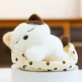 Adorable sleeping kitten plush toy in a polka-dot bed, soft white fur desk ornament - Cat / 16cm