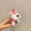 Cute mini white West Highland Terrier plush puppy keychain with pink hat and sweater - Pink Knit Hat And Sweater Style