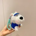 Cute mini Westie dog plush keychain featuring blue outfit and colorful rope strap - Blue Sun Hat And Hoodie Style