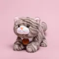Realistic grey striped plush cat toy with cute Keep Smile leather tag on pink background - Cat / 34cm