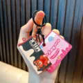 3D chocolate milk box keychain with cute bear illustration and pink card tag - Teddy Bear / Black