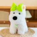 White West Highland Terrier plush dog toy with a bright green bow and bell collar. - Green Head Bow