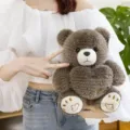 Cute brown teddy bear plush toy holding a plush heart with Love embroidery detail - Brown / 28cm