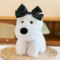 Adorable white West Highland Terrier plush toy dog featuring a black bow and heart necklace - Black Head Bow