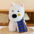 Soft white Westie puppy plush toy featuring a stylish blue and brown checkered scarf - Blue Scarf Style