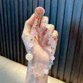 Handmade iridescent clear flower beaded keychain for mobile phone or bag charm decoration - White