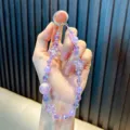 Cute purple crystal beaded keychain strap with iridescent flower details for bags - Purple