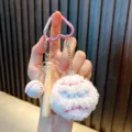 Cute white plush baseball keychain with mini wooden bat and pink heart carabiner - Baseball Style / White
