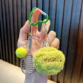 Handheld creative tennis theme keychain with plush ball and mini racket charm decoration - Tennis Style / Green