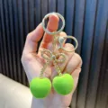 Exquisite green fuzzy fruit keychain with golden bow and metal ring for car keys - Cherry / Green