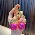 Exquisite cute magenta resin cherry keychain with golden leaf pendant for car keys - Glossy Cherry Rose Red